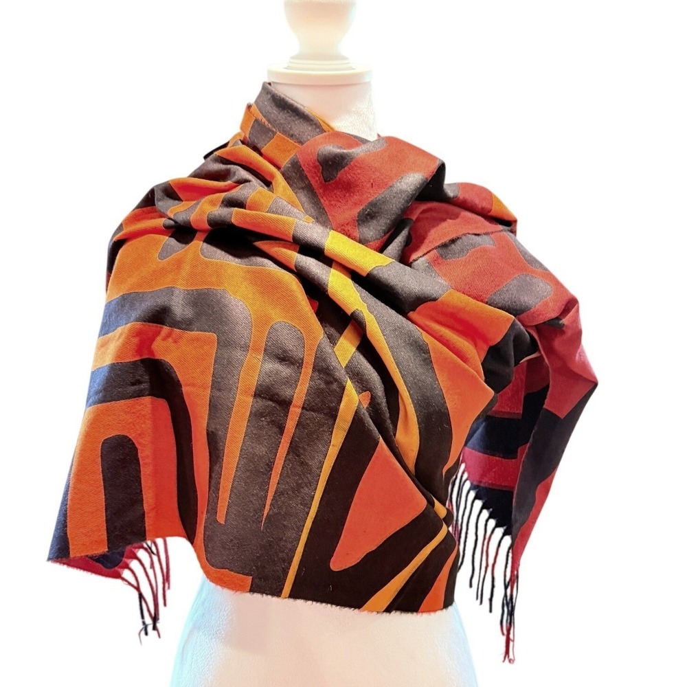 Cashmere Blend Oversized Scarf Shawl Bold Geometric Print 30" x 69"